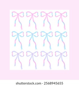 Cute coquette poster with bows. Aesthetic feminine romantic background for textile, fabric, wallpaper, wrapping. Template for greeting card, banner, cover, poster, print, phone case. Vector