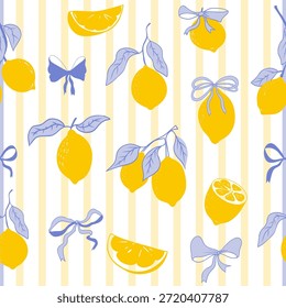Cute coquette print lemon pattern, bow, stripes. Floral trellis citrus bg, background. Lemon with leaves, lemon slice, part.