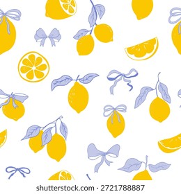 Süße Coquette Print Zitronenmuster, Bogen, Streifen. Blumen-Trellis-Zitrusbauch, Hintergrund. Zitrone mit Blättern, Zitronenscheibe, Teil.