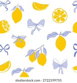 Süße Coquette Print Zitronenmuster, Bogen, Streifen. Blumen-Trellis-Zitrusbauch, Hintergrund. Zitrone mit Blättern, Zitronenscheibe, Teil.