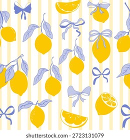 Cute coquette print lemon pattern, bow, stripes. Floral trellis citrus bg, background. Lemon with leaves, lemon slice, part.