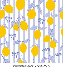 Cute coquette print lemon pattern, bow, stripes. Floral trellis citrus bg, background. Lemon with leaves, lemon slice, part.