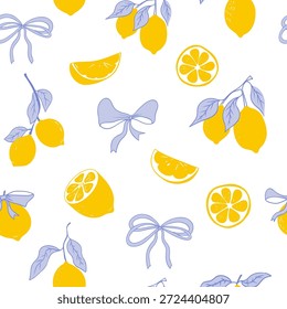 Cute coquette print lemon pattern, bow, stripes. Floral trellis citrus bg, background. Lemon with leaves, lemon slice, part.