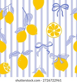 Süße Coquette Print Zitronenmuster, Bogen, Streifen. Blumen-Trellis-Zitrusbauch, Hintergrund. Zitrone mit Blättern, Zitronenscheibe, Teil.