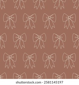 Cute coquette ribbon bow seamless patter, doodle outline illustration isolated on brown background. Pattern for textile, packing, wrapping paper