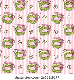 Cute Coquette Seamless Pattern Cucumbers Pickled Jar with pink ribbon bow, Girly Retro Preppy wallpaper.