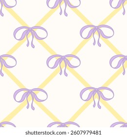 Cute Coquette seamless pattern Lavender Ribbon Bow. Pretty Girly bows on white background with Yellow ribbons. Trendy feminine template for greeting cards, wallpaper, wrapping. Vector Illustration.