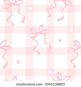 Cute coquette seamless pattern pink ribbon bow on checkered background with hearts. Vector illustration. Trendy aesthetic patterned backdrop