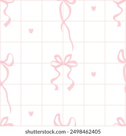 Cute coquette seamless pattern pink ribbon bow on checkered white background with hearts. Vector illustration. Trendy patterned drawing.