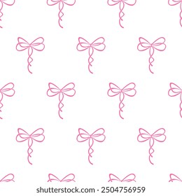 Cute coquette seamless pattern with pink ribbon bows on white background. Simple fashion illustration for printing on textile, wallpaper, fabric, paper, festive decoration, wrapping, stationery