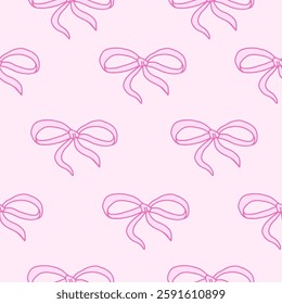 Cute Coquette seamless pattern Pink Ribbon Bow. Pretty Girly bows. Trendy feminine romantic art for greeting cards, textile, fabric, wallpaper, wrapping. Vector Illustration