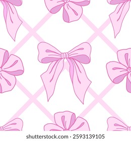 Cute Coquette seamless pattern Pink Ribbon Bow. Pretty Girly bows on white background with pink lines. Trendy feminine romantic template for greeting cards, textile, wrapping. Vector Illustration.