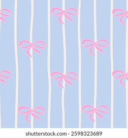 Cute Coquette seamless pattern. Pretty Girly Pink bows on Blue background with White lines. Trendy feminine romantic art for greeting cards, textile, fabric, wallpaper, wrapping. Vector Illustration.
