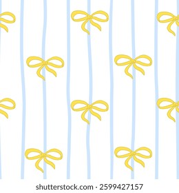 Cute Coquette seamless pattern. Pretty Girly Yellow bows on white background with Blue lines. Trendy feminine romantic art for greeting cards, textile, fabric, wallpaper, wrapping. Vector Illustration