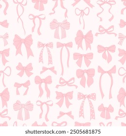 Cute coquette seamless pattern ribbon bow on delicate pink background. Vector illustration. Trendy patterned drawing