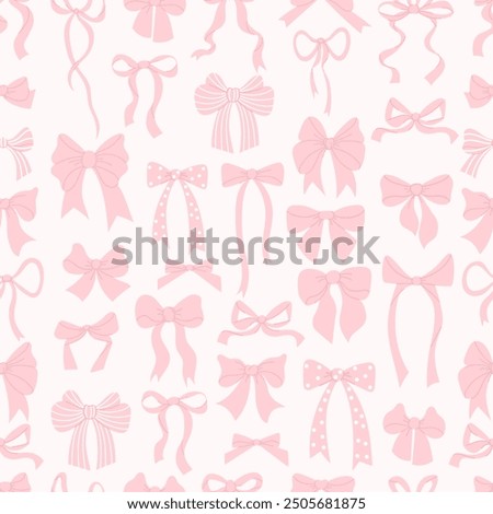 Cute coquette seamless pattern ribbon bow on delicate pink background. Vector illustration. Trendy patterned drawing