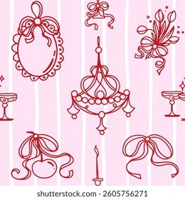 Cute Coquette Seamless Pattern in Vintage Dolce Vita Aesthetic. Hand-drawn Cherry with Bows, Antique Chandelier, Candle, Medallion, Bow on pink background. Romantic trendy vector illustration.