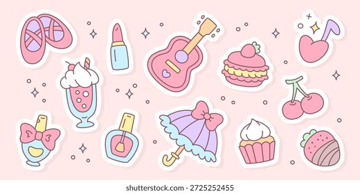 Cute coquette sticker set. Soft pastel stickers with romantic accessories, sweets, music items, beauty elements and feminine decorative objects in a gentle kawaii style. Vector 10 EPS.