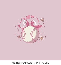 cute coquette style illustration of baseball with a pink ribbon