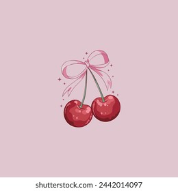 cute coquette style illustration of cherries with bow