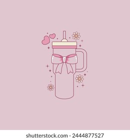 cute coquette style illustration of drinking fountain in pink color and with a bow