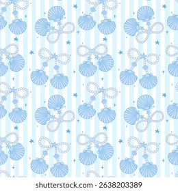Cute coquette Summer seamless pattern Blue Pearl bow seashells girly Coastal beach vibe stripes on blue background