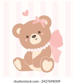 Cute coquette teddy bear adorned with a pink ribbon bow cartoon hand drawn flat design.