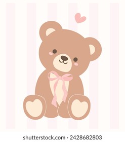 Cute coquette teddy bear adorned with a pink ribbon bow cartoon hand drawn flat design.