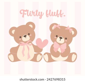 Cute coquette teddy bear couple sitting, adorned with a pink ribbon bow, cartoon hand drawn flat design.