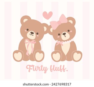 Cute coquette teddy bear couple sitting together, adorned with a pink ribbon bow,  cartoon hand drawn flat design.