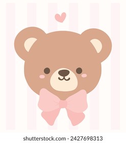 Cute coquette teddy bear face adorned with a pink ribbon bow cartoon hand drawn flat design.