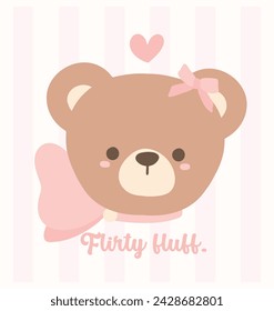 Cute coquette teddy bear face, adorned with a pink ribbon bow, cartoon hand drawn flat design.