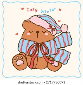 Cute coquette teddy bear in winter attire hand drawn cartoon illustration of a fluffy bear sitting with eyes closed, wearing a blue and red scarf and a hat with a red ribbon bow.
