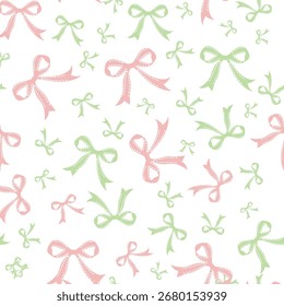 Cute coquette vector seamless pattern pink ribbon bow background. Pink green white preppy feminine romantic backdrop for textile, fabric, wallpaper, wrapping. Tossed repeat baby girl shower, nursery