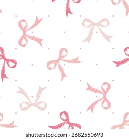 Lindo Vector coqueta sin fisuras patrón rosa lazo de cinta y fondo de lunares. Fondo romántico femenino preppy blanco rosado para la materia textil, tela, Fondo de pantalla, envoltura. Tossed repetir bebé niña de la guardería