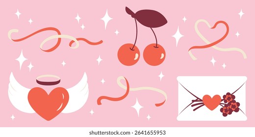 Cute coquette vector set of a cupid heart with wings, bows, cherries and love letter.