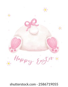 Cute Coquette White Bunny Butt with Pink Ribbon Bow watercolor animal Hand Drawn