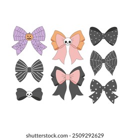 Cute coquettish Halloween bows vector clip-art set isolated on white. Coquette Halloween illustration.