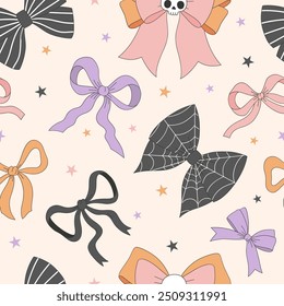 Cute coquettish Halloween bows vector seamless pattern. Coquette Halloween background.