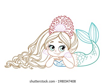 Cute coquettish mermaid girl in coral tiara lies on a white background colored outlined for coloring page