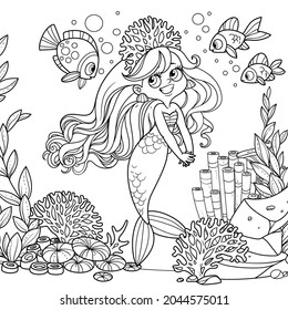 Cute coquettish mermaid girl in coral tiara speaks with fish on corals and algae background outlined for coloring page isolated on white