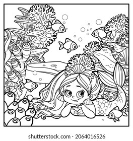 Cute coquettish mermaid girl in coral tiara lies on a seabed outlined for coloring page with corals and algae background