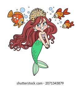 Cute coquettish mermaid girl in coral tiara speaks with fish color variation for coloring page