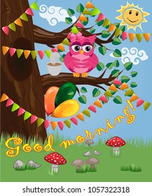 Cute coquettish owl with coffee sitting on a tree decorated with garlands, balloons, postcard, cartoon style for children, spring. Inscription Good morning