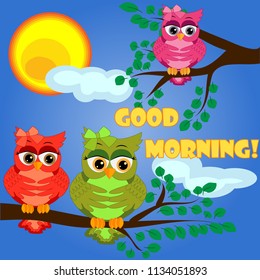 Cute coquettish owls with coffee sits on a tree decorated with garlands, balloons, postcard, cartoon children's style, spring. Inscription Good morning...