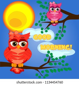 Cute coquettish owls with coffee sits on a tree decorated with garlands, balloons, postcard, cartoon children's style, spring. Inscription Good morning...