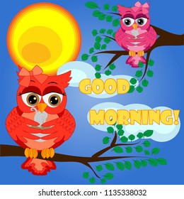 Cute coquettish owls with coffee sits on a tree decorated with garlands, balloons, postcard, cartoon children's style, spring. Inscription Good morning...