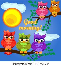 Cute coquettish owls with coffee sits on a tree decorated with garlands, balloons, postcard, cartoon children's style, spring. Inscription Good morning...
