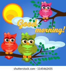 Cute coquettish owls with coffee sits on a tree decorated with garlands, balloons, postcard, cartoon children's style, spring. Inscription Good morning...