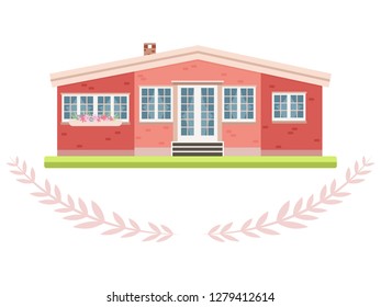 Cute coral pink house decorated with branches on white background. Country house building. Flat design vector illustration.